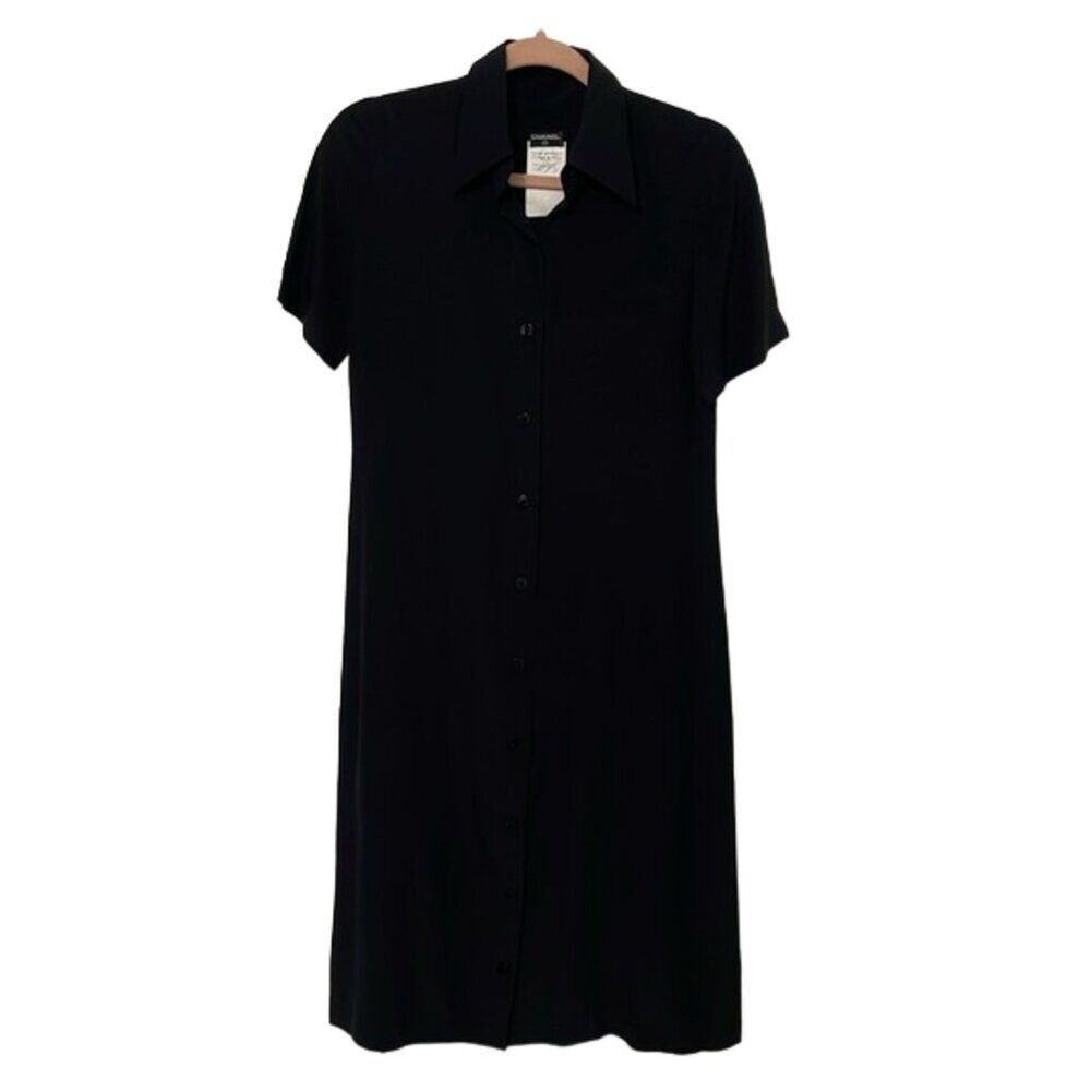 Chanel Black Silk Shirt Dress Womens Size 36 US 4 Short Sleeve Collar Minimalist - Picture 2 of 12